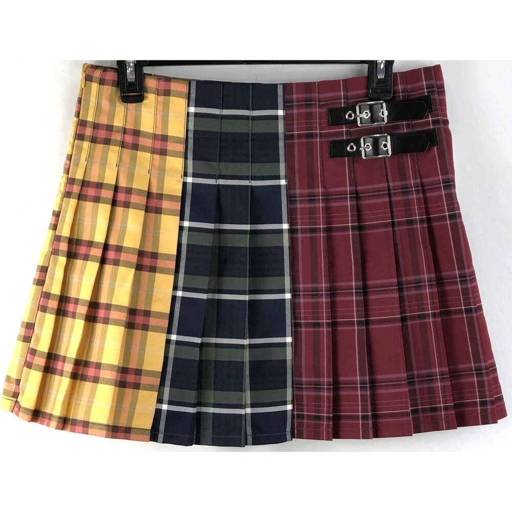 Pleated mini skirt L multi tartan plaid buckle accent 30”W academia 90s grunge